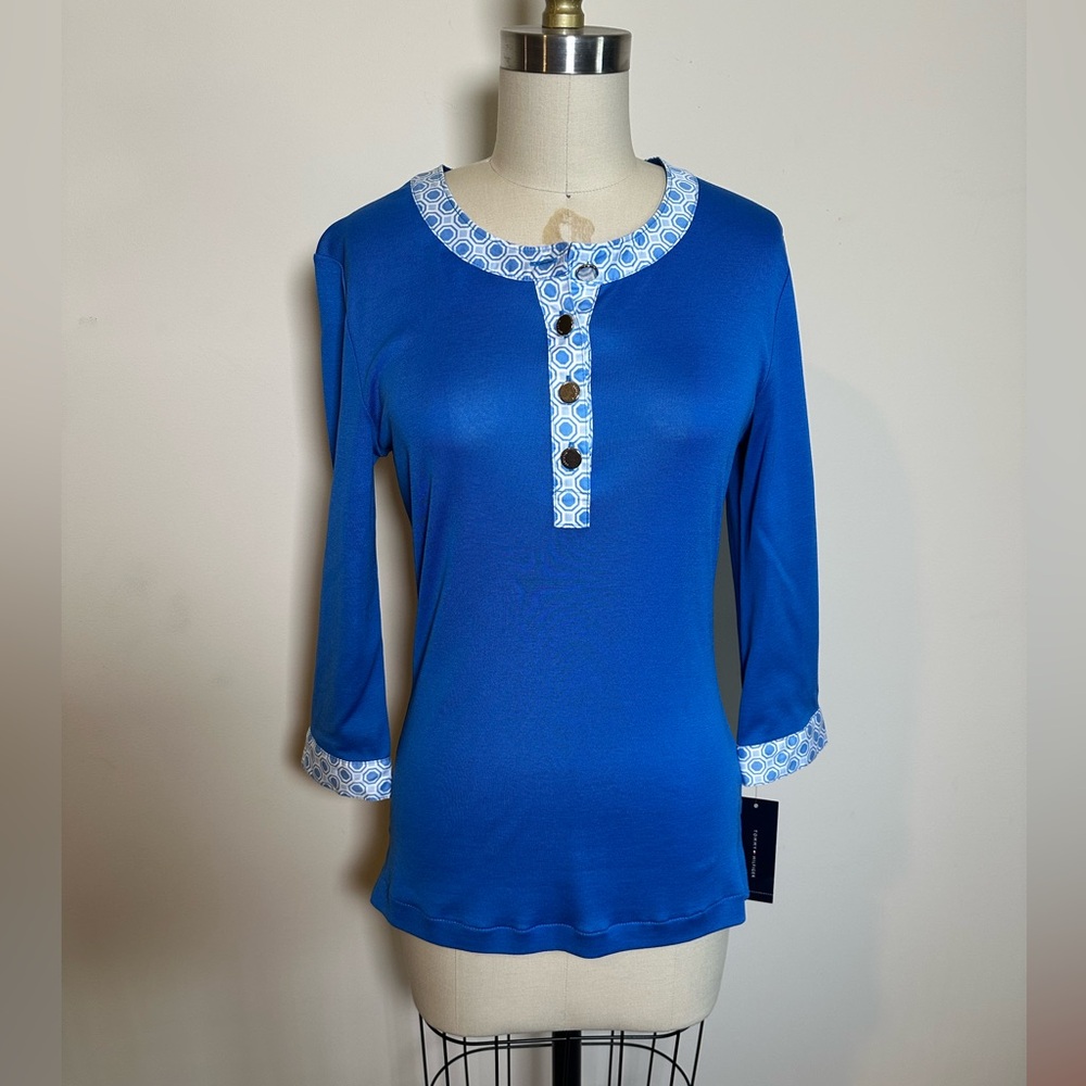 Tommy Hilfiger Women's Blue and White Henley Shirt